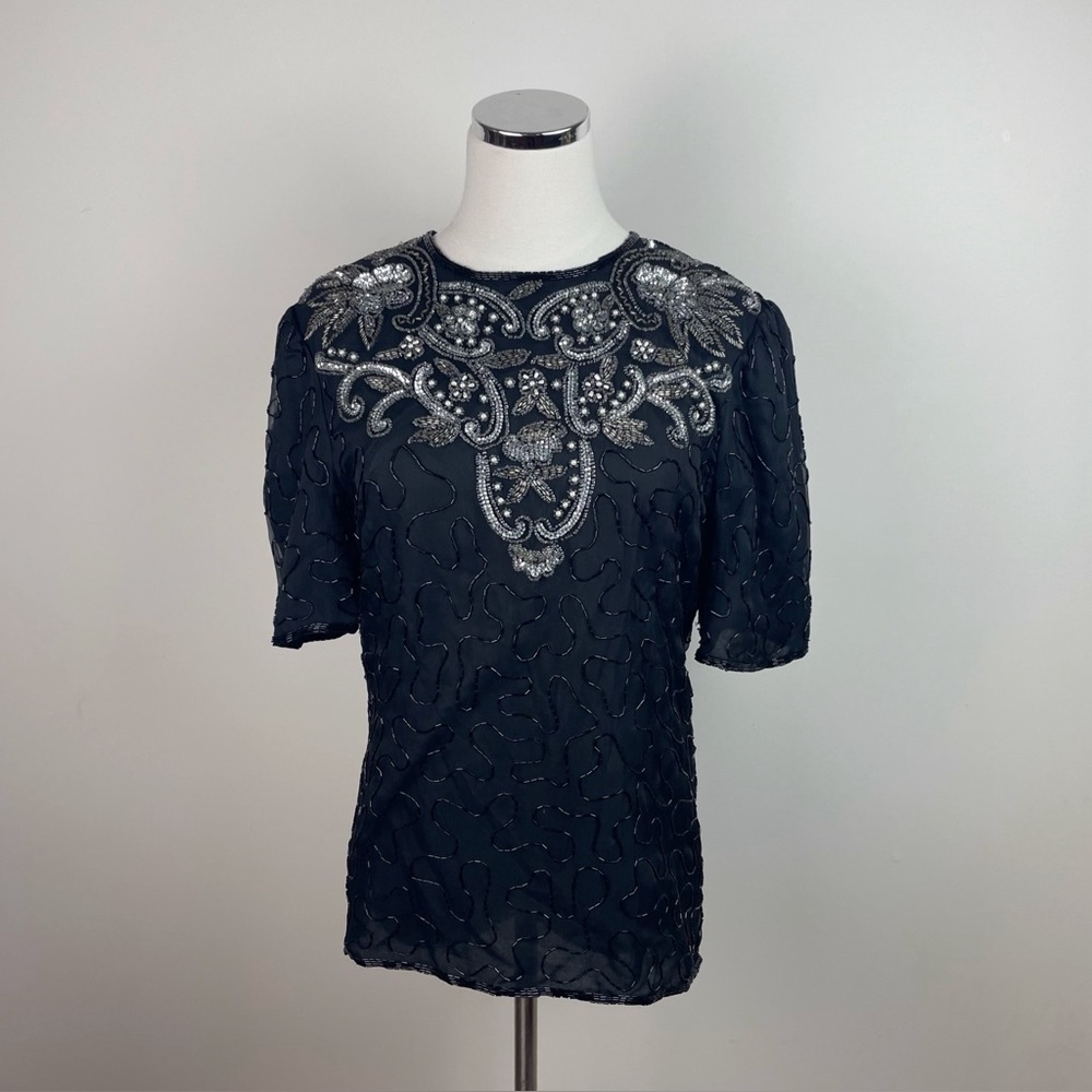 Scala Vintage Silk Black Beaded Silver Blouse Top Women Small Cocktail Party